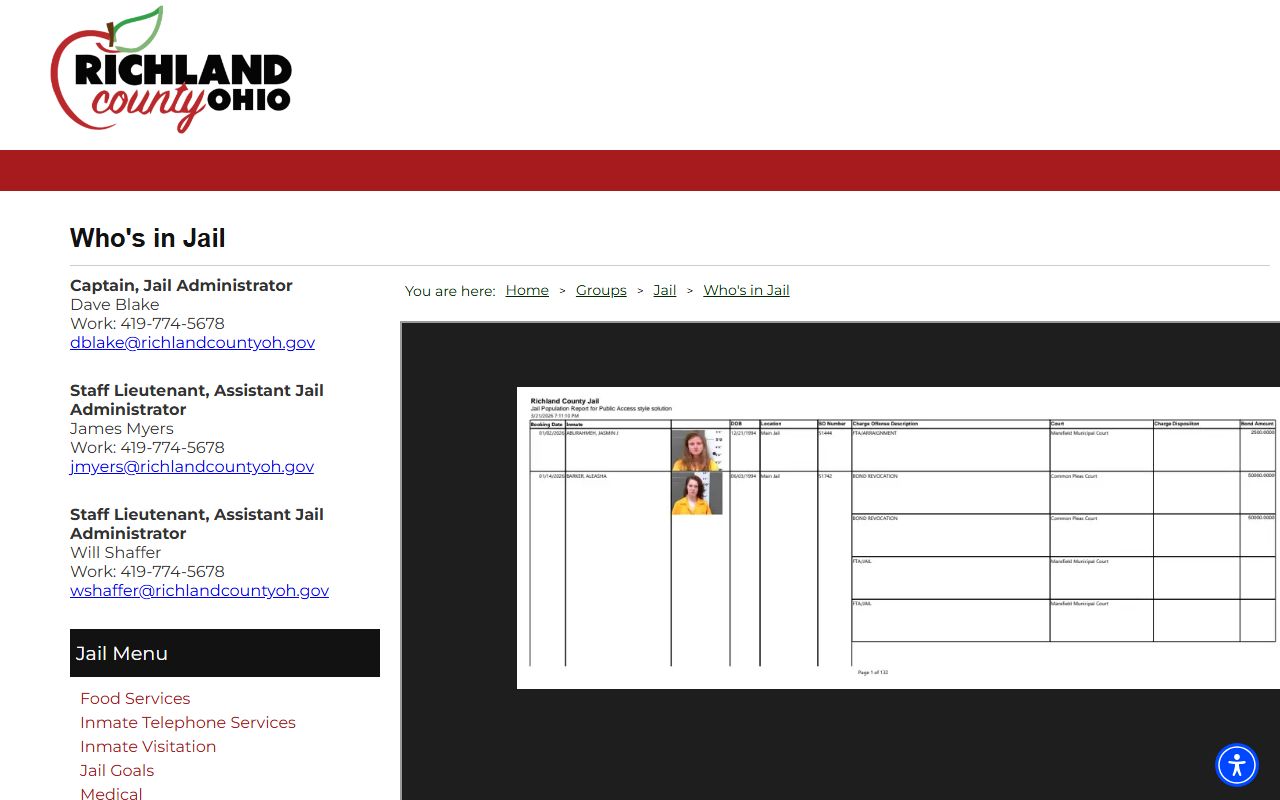 Mansfield recent bookings Richland County jail roster page