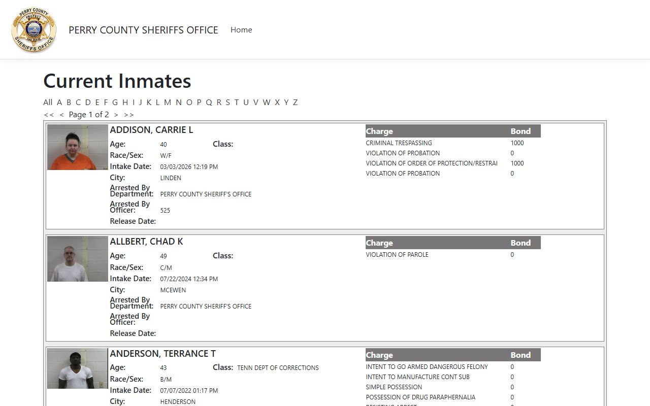 Perry County recent bookings ISOMS inmate portal